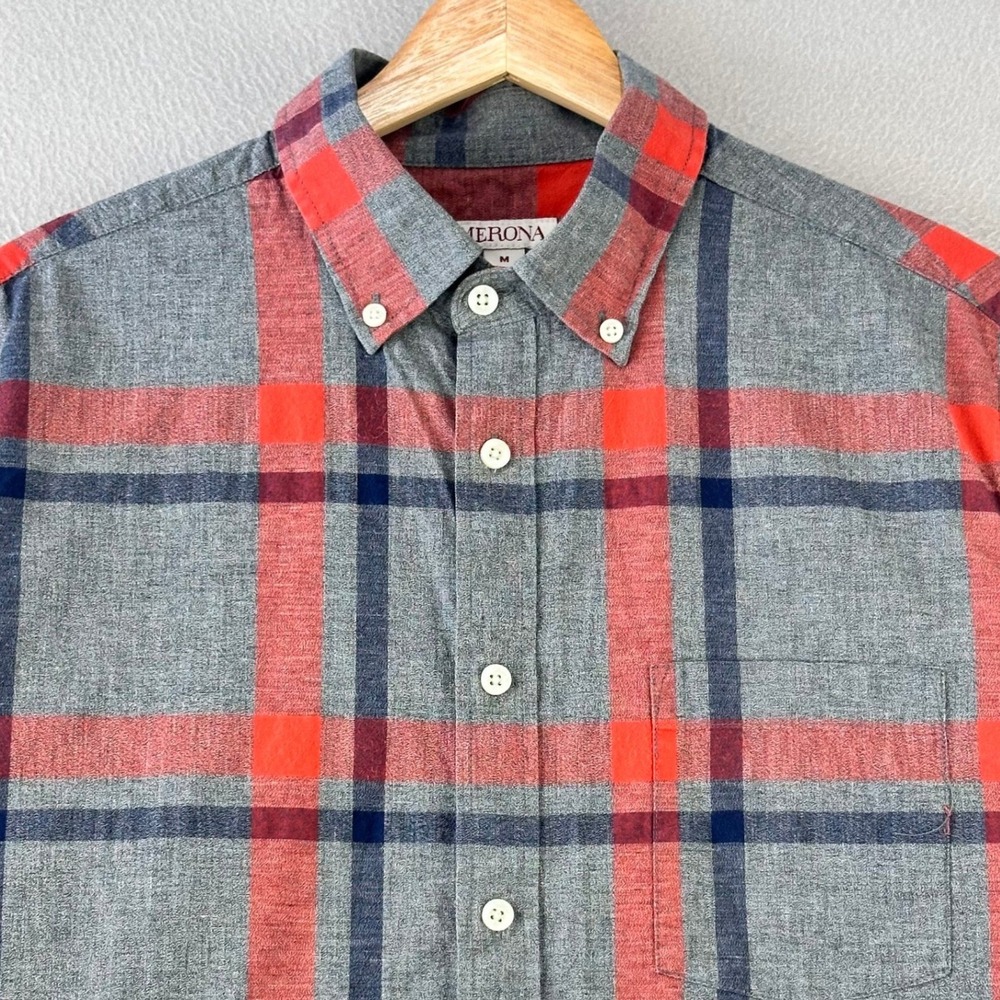 Merona Chambray Shirt Mens‎ Medium Grey Red Plaid Long Sleeve Cotton Preppy Work
